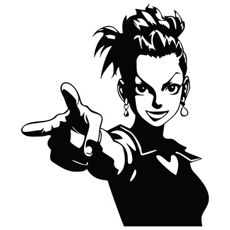 Beautiful woman with thumbs up. Black and white vector illustration.のイラスト素材