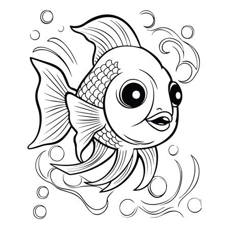 Black and White Cartoon Illustration of Cute Fish or Fish for Coloring Bookのイラスト素材