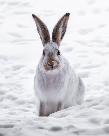 A beautiful shot of the white rabbit in the snowy forestの写真素材
