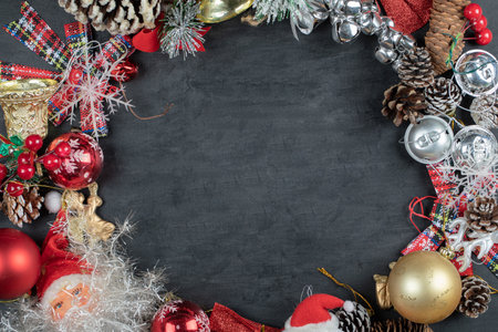 Christmas wreath with festive ornaments on dark background. high quality photoの写真素材