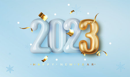Happy New 2023 golden and blue glossy numbers on blue background with gold confetti.