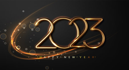 2023 New year with Abstract shiny wave design element on dark background. Festive premium concept...