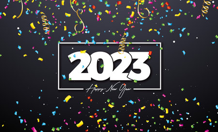 Happy New Year 2023 Illustration with Number and Falling Confetti on Dark Background. Vector...