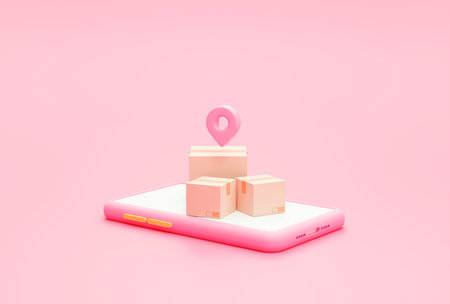 Pin pointer mark location and parcels box on Smartphone Online delivery transportation logistics concept on pink background 3d rendering illustrationの写真素材