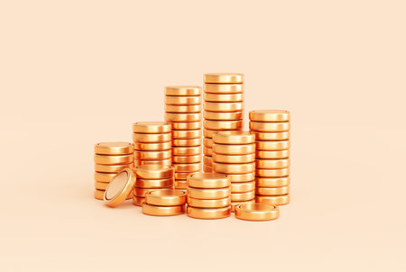 Gold coin stacks money currency finance savings investment concept background 3D illustrationの写真素材