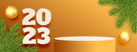 happy new year 2023 event banner with 3d podium platform vector