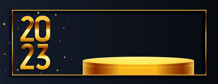 happy new year 2023 event banner with golden 3d podium vector