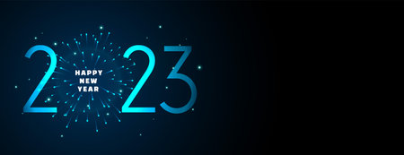 happy new year banner with bright 2023 text and firework vectorの写真素材