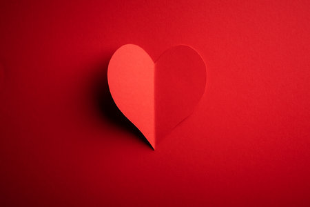 Creative Valentines Day postcard design with red paper heart on red cardboard background. Valentine day and love conceptの写真素材