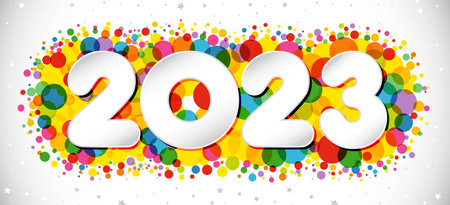 Happy New Year 2023 congrats. web banner idea. Snowy white backdrop. Abstract isolated graphic...