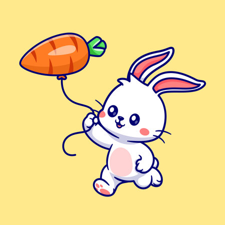 Cute rabbit playing with carrot balloon cartoon icon illustration. animal holiday isolatedの写真素材