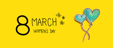 Happy women's day message with hand draw blue hearts - flat lay