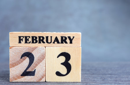 Day 23 of February month, Wooden calendar with date. empty spaceの写真素材