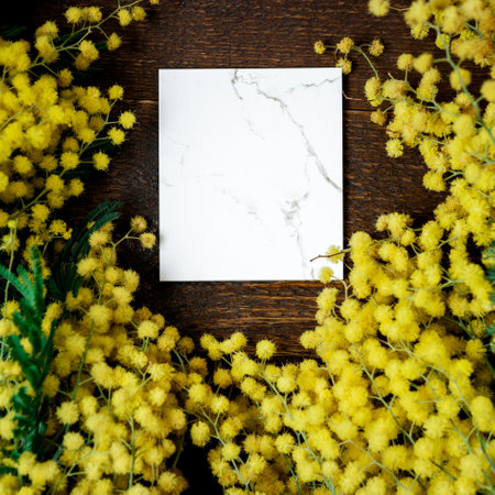 Blank for message and Bouquet of mimosa flowers on wooden background. International Women's Day. Top view, flat layの写真素材