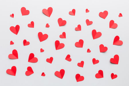 Valentine day background with red hearts, top view with copy space.