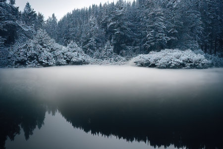 Tranquil scenery with snow castle in clouds. Mountain creek flows from forest hills into glacial lake. Snowy mountains in fog clearance. Small river and coniferous trees reflected in calm alpine lake.の写真素材