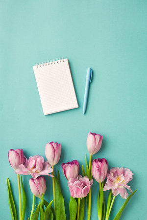 Bouquet of pink tulips and notepad on blue backgroundの写真素材