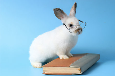 White rabbit wearing glasses with a book on a blue background, cute bunny studying and reading a book, pet education and animal training conceptの写真素材