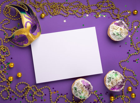 Mardi Gras King Cake sufganiyot donuts, masquerade festival carnival mask, gold beads and golden, green, purple confetti on purple background. Holiday party invitation, greeting card concept. top viewの写真素材