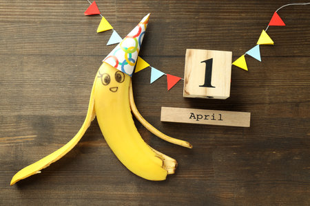 Concept of April Fool's Day on wooden tableの写真素材