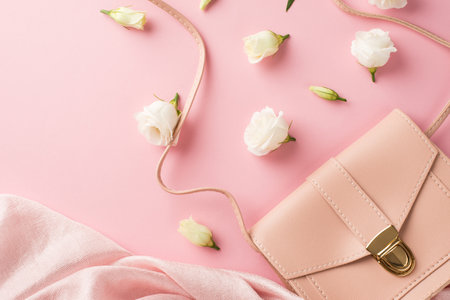 Top view photo of woman's day composition pink leather handbag soft textile and white prairie gentian flower buds on isolated pastel pink background with copyspaceの写真素材