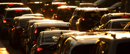 Heavy traffic jam during rush hour at sunset or dawn.