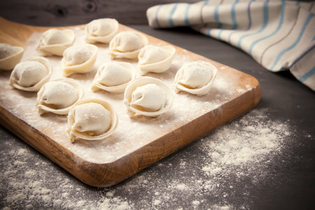 Homemade ravioli. Russian dumplings. Pelmeniの写真素材