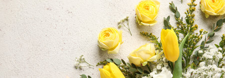 Beautiful fresh flowers on light background with space for text