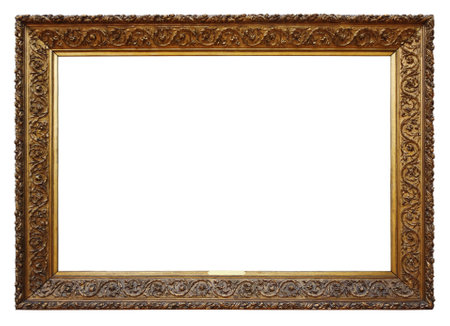 Picture gold wooden frame for design on white isolated backgroundの写真素材