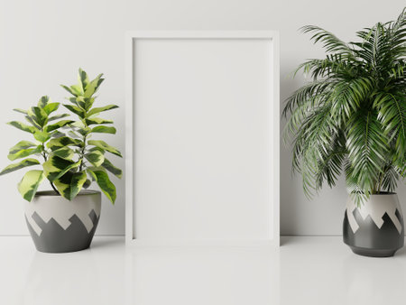Interior poster mock up with plant pot,flower in room with white wall. 3D rendering.の写真素材