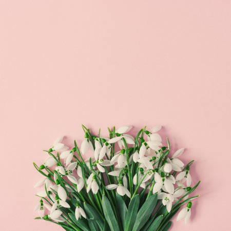 Creative layout made with snowdrop flowers on pink background. Minimal nature love background. Spring flowers concept.の写真素材