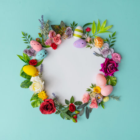 Easter wreath made of colorful spring flowers, leaves and easter eggs. Natural round frame layout with paper card. flat lay.の写真素材