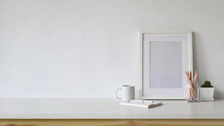White workspace empty poster and copy space with home office supplies.の写真素材