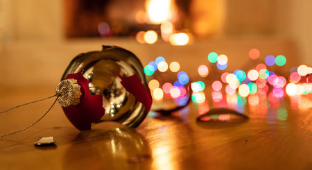 Christmas ball broken. Xmas holiday decoration, lights glowing, blur burning fireplace background, reflections on the wood floorの写真素材