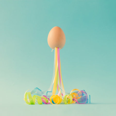 Egg with party streamers. Easter minimal concept.の写真素材