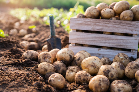Fresh potatoes in a wooden box in a field. Harvesting organic potatoes. agriculture and farming.の写真素材