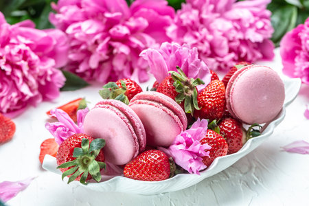 pink macaron or macaroon cakes with peony rose on a white background. Banner, flyer, beautiful postcard, top view,の写真素材