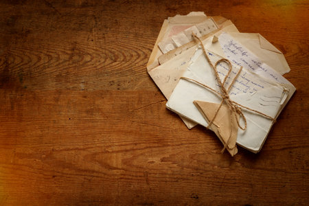 Victory Day - 9 of May 1945 George Ribbon, front-line letters album photos and post card of the Second World War on vintage wooden table. Flat lay Top view with copy space for your text.の写真素材