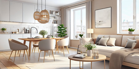 Stylish scandinavian living room with design mint sofa, furnitures, mock up poster map, plants and elegant personal accessories. modern home decor. Bright and sunny room. Generative AI illustrationの写真素材