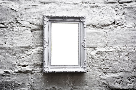 White empty frame with free copy space on white grunge brick wall. Grunge picture.の写真素材