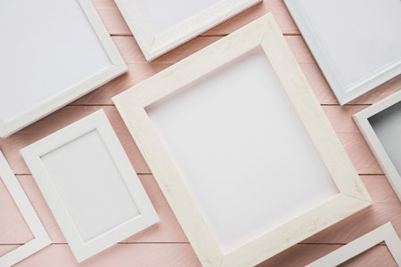 Variety minimalist frames wooden backgroundの写真素材