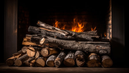 Burning woodpile creates heat and flame indoors generated by artificial intelligenceの素材