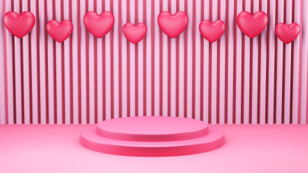 3d render of valentine and design composition. Abstract 3d geometric shapes backdrop for holiday concept. 3d pink background with balloons. round stage podium. Balloons and gifts.の写真素材