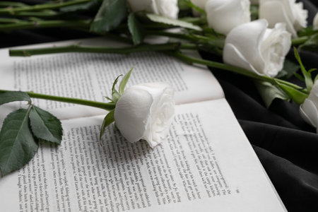 View delicate white roses with bookの写真素材