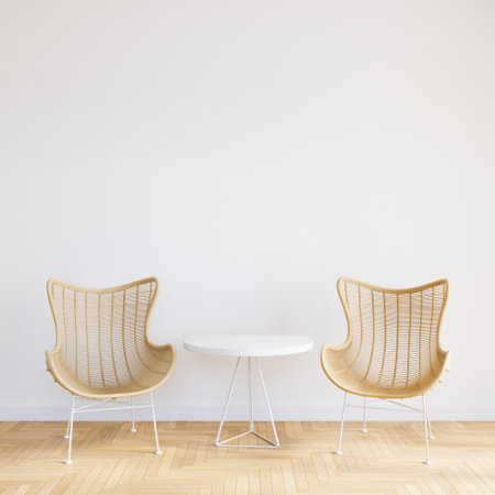 Wood chair in white living room interior with blank table for mockup,3D renderingの写真素材