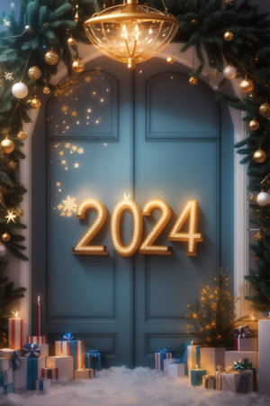 3D render of a blue door decorated with Christmas lights and numbersの写真素材