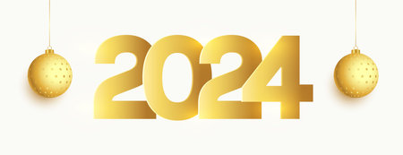 2024 golden lettering new year event wallpaper with hanging bauble vector