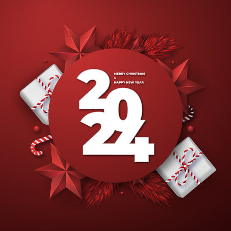 Christmas and New 2024 Year Greeting Card. Papercut Style. Vector illustration.