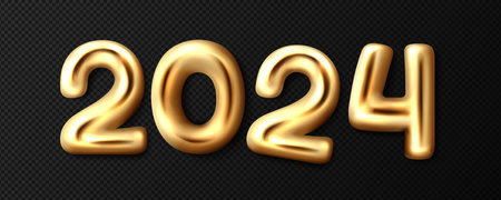 3d gold numbers of 2024 year. Happy New Year celebration party decoration. Luxury golden balloons in shape of 2, 4 and 0 digits, vector realistic illustration isolated on transparent backgroundの写真素材