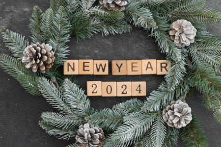 Fir branches with acorns on a white surface. New year 2024の写真素材